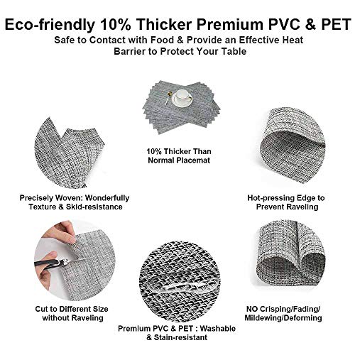 GIVERARE Placemats Set of 6, Heat-Resistant Woven Vinyl Place Mat, Non-Slip Washable PVC Table Mats, Easy to Clean Premium Plastic Place at for Dining, Kitchen Table (Smoky Gray) - color: 6 Pack Smoke Gray