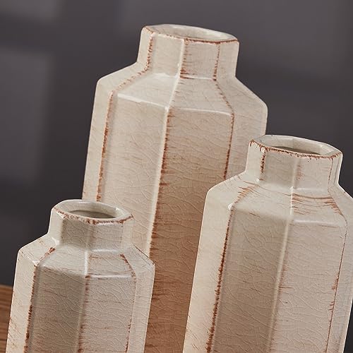 Ceramic Rustic Farmhouse Vase Set of 3,Ice Cracked Glazed Terracotta Vase - color: 18096lms-ec-beige