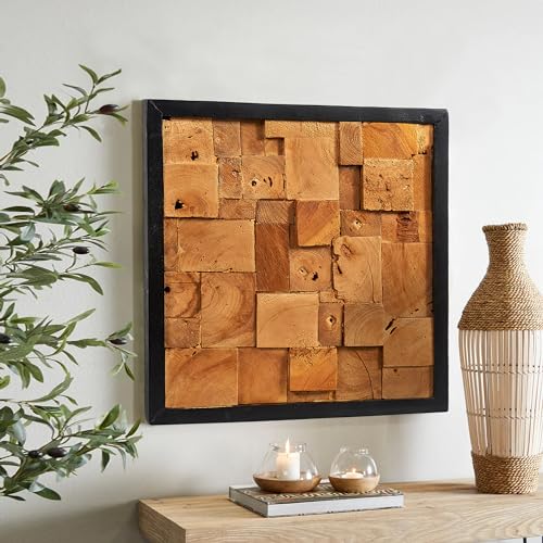 Greenage Reclaimed Teak Wood Wall Decor 17"x17" Farmhouse Simetris Square Wall Art Rustic Geometric Pattern Wall Hanging Decoration Wooden Frame Wall Panel for Home Living Room Bedroom - color: Natural, size: 17"L x 17"W