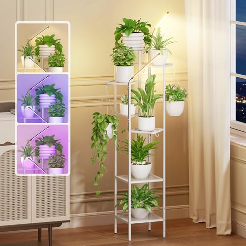 Quikraen 8-Tier White Plant Stand with Grow Lights, 58.5" Tall Ultra-Narrow Corner Plant Shelf with 2-Head LED Grow Light & Hanging Hooks, Space-Saving Metal Flower Pot Holder Rack for Indoor Plants, Patio, Balcony - color: White, size: 8-Tier with grow l