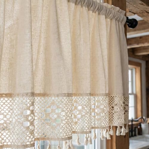 Molaxhome Linen Valances for Windows Boho Kitchen Valance Window Treatments - color: Beige, size: 52"W x 18"L (Pack of 1)