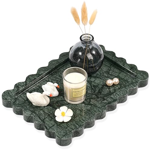 Scalloped Green Marble Tray - Large Home Decorative Stone Vanity Perfume Candle Plates for Bathroom Accessories Coffee Table, Key Dish for Kitchen Countertop Entryway (10.6" x 7.4" x 0.8")