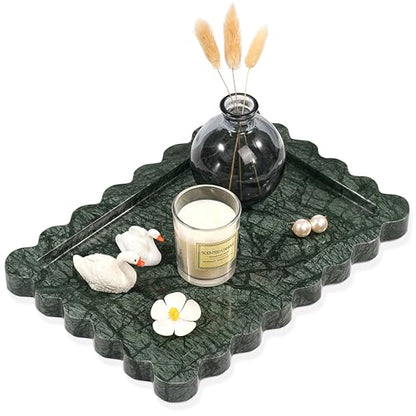 Scalloped Green Marble Tray - Large Home Decorative Stone Vanity Perfume Candle Plates for Bathroom Accessories Coffee Table, Key Dish for Kitchen Countertop Entryway (10.6" x 7.4" x 0.8")