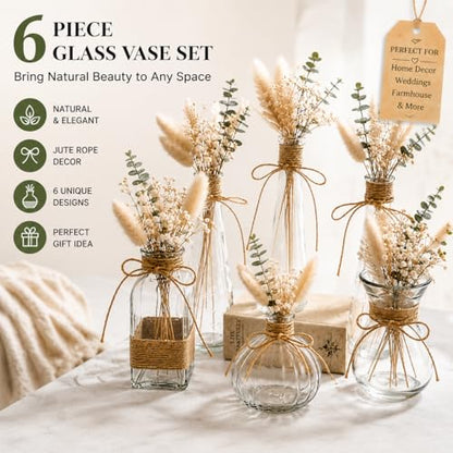 Glass Bud Vases Set of 6 for Flowers, Clear Small Vases with Jute Rope