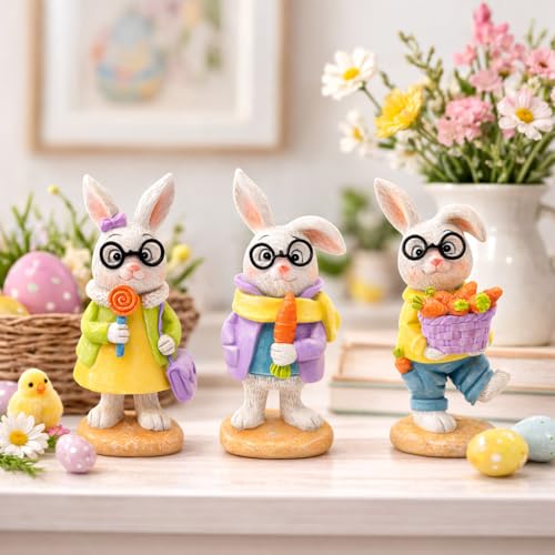 nuvagiki Spring Decorations for Home,3PCS Spring Bunny Figurines Decor, Rustic Farmhouse Bunny with Basket, Carrot Kitchen Table Tiered Tray Decor, Spring Office Classroom Decorations