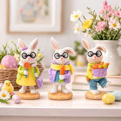 nuvagiki Spring Decorations for Home,3PCS Spring Bunny Figurines Decor, Rustic Farmhouse Bunny with Basket, Carrot Kitchen Table Tiered Tray Decor, Spring Office Classroom Decorations