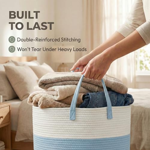JMvicyroam 65L Extra Large Machine Washable Cotton Rope Blanket Basket - color: White&Blue, size: 65L