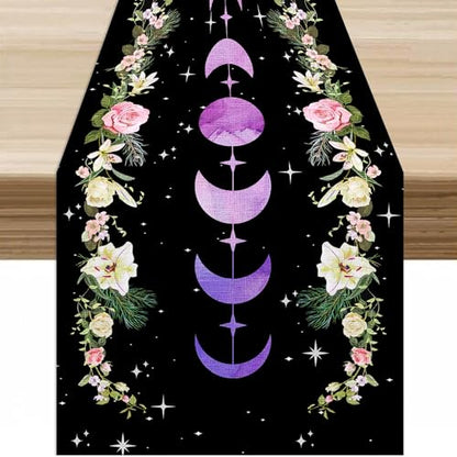 Moonflower Table Runner,Dreamy Starry Night Bohemian Flower Botanical Purple Moon Phase Stars Tabletop Restaurant Dining Kitchen Wedding Party 13x36 Inch - color: Moon Style-20, size: W13X L36
