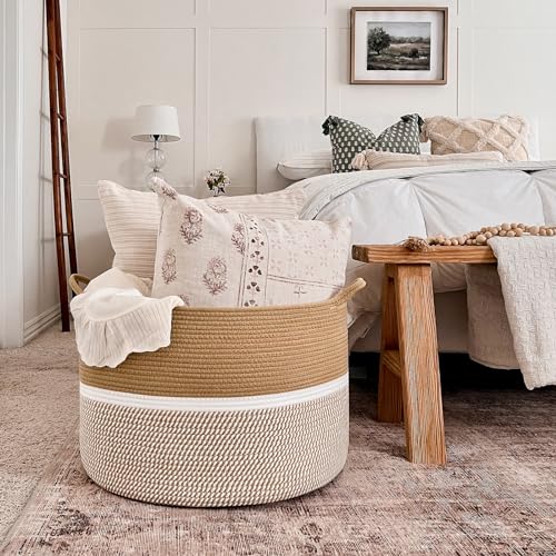 CHICVITA XXL Cotton Rope Woven Blanket Basket with Handles, Brown & White - color: Brown and White
