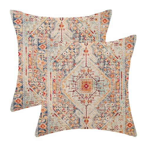 Boho Pillow Covers 18x18 Set of 2, Bohemian Carpet Pattern Blue Red Decorative Throw Pillows Vintage Farmhouse Outdoor Farmhouse Pillows for Sofa Couch Bedroom Decor - color: Blue Red, size: 18" x 18" (Pack of 2)