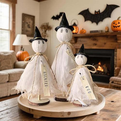Halloween Decorations Indoor - 3 Set Primitive Halloween Ghosts with Hat, Wooden Stand Ghost Decor for Table Centerpieces, Mantels, Shelves, Vintage Spooky & Festive Party Decor - color: White Ghost With Hat