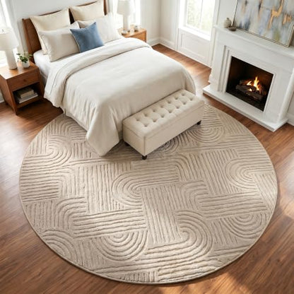 Etwel 6.5 ft Taupe Geometric Textured High-Low Pile Washable Round Rug - color: Neutral Taupe, size: 6'5"