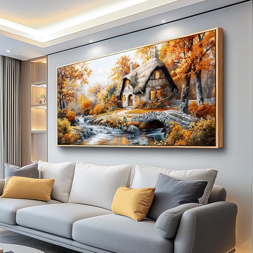 QIYILEXWART Canvas Wall Art For Living Room Large Wall Decor For Office Bedroom Decorations Autumn Cottage River Landscape Pictures Farmhouse Painting Artwork Room Wall Mural Aesthetic Home Decor - color: Autumn Cottage River Art, size: 60"L x 30"W