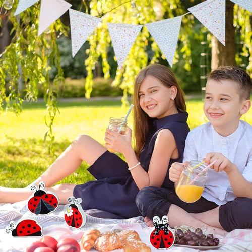 WATINC 4PCS Ladybug Tiered Tray Decor, Spring Summer Wooden Table Centerpiece Sign, Double-sided Ladybug Printed Wood Tabletop Sign, Ladybird Farmhouse Rustic Party Decoration for Holiday Home Kitchen - style: Ladybug