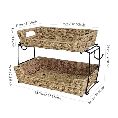 2-Tier Round Faux Rattan Wicker Storage Basket with Metal Frame, Countertop Organizer Shelf for Kitchen, Bathroom, Pantry (Corner)