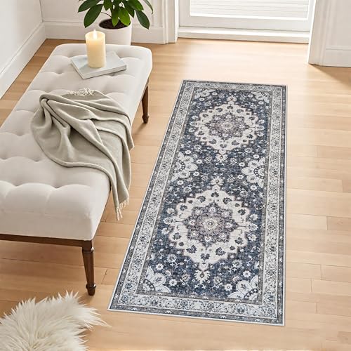 2x5 Washable Hallway Runner Rug: Non Slip Vintage Distressed Kitchen Rugs Oriental Stain Resistant Bedroom Carpet Durable Soft Low-Pile Entryway Floor Mat Comfort Home Decor (2x5,Blue) - color: Blue, size: 2' x 5' (Rectangular)