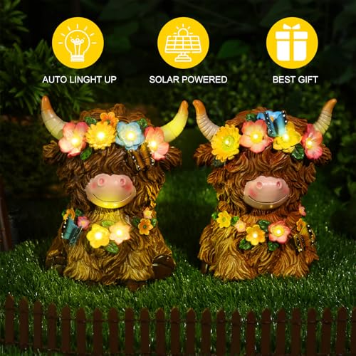 Colingmill 2 Pack Highland Cow Solar Lights Spring Easter Highland Cow Garden Resin Statue with Flower Decoration Solar Outdoor Decor for Patio Yard, Ideal Gift for Mom and Women