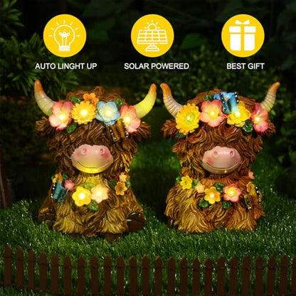 Colingmill 2 Pack Highland Cow Solar Lights Spring Easter Highland Cow Garden Resin Statue with Flower Decoration Solar Outdoor Decor for Patio Yard, Ideal Gift for Mom and Women