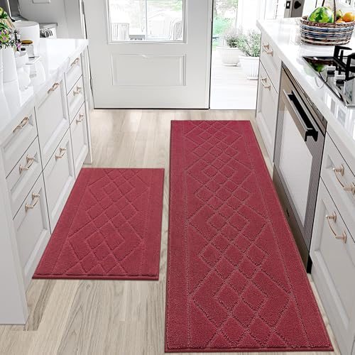 BEQHAUSE Kitchen Rugs Set of 2 Non Slip Runner, 20"x30"+20"x48", Red - color: Burgundy Red, size: 20" X 30" + 20" X 48"