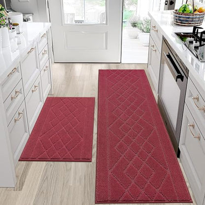 BEQHAUSE Kitchen Rugs Set of 2 Non Slip Runner, 20"x30"+20"x48", Red - color: Burgundy Red, size: 20" X 30" + 20" X 48"