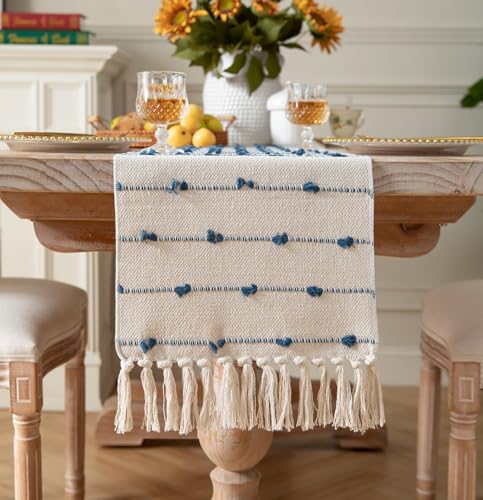 Caflife Boho Table Runner 90 Inchs Long for Modern Farmhouse Room Home Decor, Blue and Beige Coffee Table Runner, Natural Cotton Woven with Tassels Neutral, for Kitchen Dining Table Decor - color: Blue Beige, size: 13x90Inch