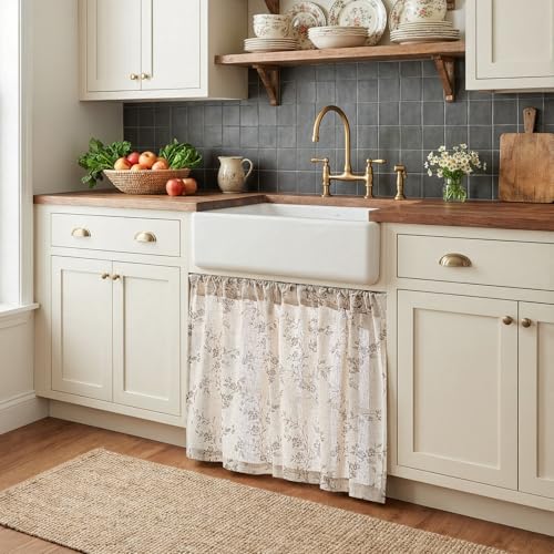 jinchan Floral Linen Kitchen Tier Curtains, 30 Inch, 2 Panels, Taupe - color: Alisa Taupe, size: 26"W x 30"L (Pack of 2)