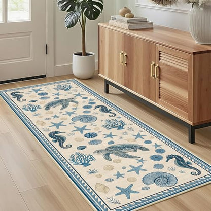 Coastal Nautical 2x6 Runner Rug for Hallway Kitchen Bedroom Sea Turtle - color: Coastal, size: 2' x 6' (Rectangular)