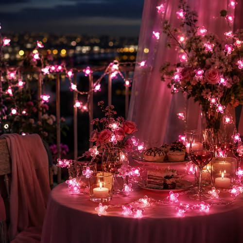 33ft 100 LED Plug in Fairy Lights, Pink Christmas Flower String Lights - color: 100 LED Pink