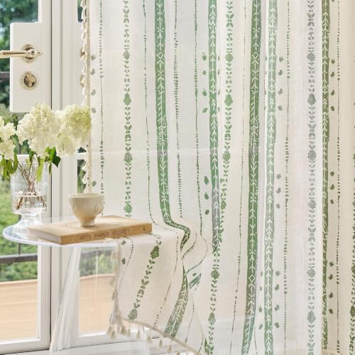Green Boho Curtains for Living Room with Tassel 72 Inch 2 Panels - color: T-green, size: 52"W x 72"L (Pack of 2)