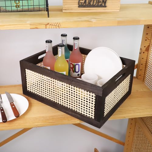 Rattan Wooden Storage Basket with Handle, Large Brown - color: Brown, size: Large (Set of 1)