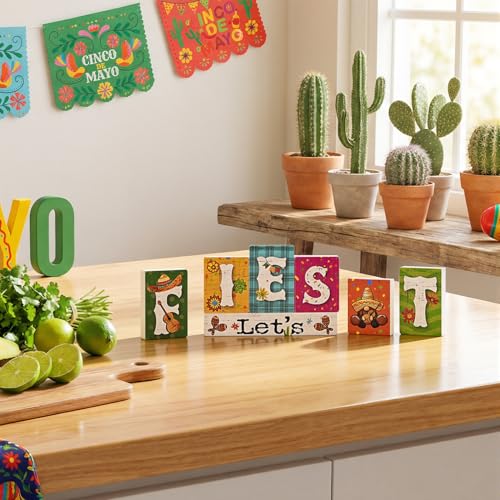 Smile Let's Fiesta Wooden Letter Block Set, 7-Piece Mexican Fiesta Tabletop Decor for Cinco De Mayo Party & Tiered Tray Display - style: Fiesta