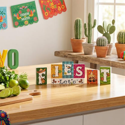 Smile Let's Fiesta Wooden Letter Block Set, 7-Piece Mexican Fiesta Tabletop Decor for Cinco De Mayo Party & Tiered Tray Display - style: Fiesta