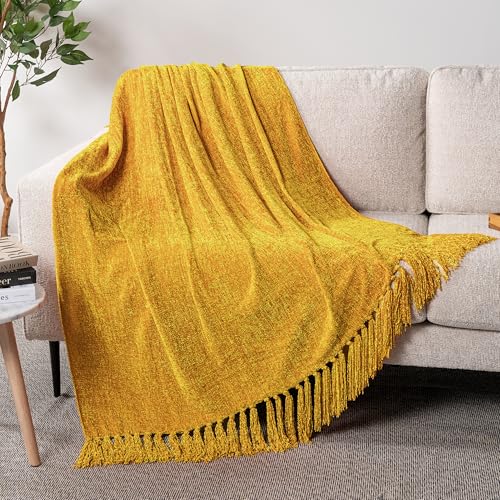 PAVILIA Chenille Throw Blanket, Knit Twin Size Tassel Throw, Yellow 60x80 - color: Mustard Yellow, size: 60 X 80 Inches - Twin
