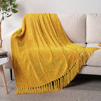 PAVILIA Chenille Throw Blanket, Knit Twin Size Tassel Throw, Yellow 60x80 - color: Mustard Yellow, size: 60 X 80 Inches - Twin