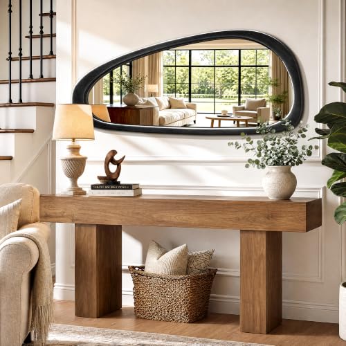 48" x 22" Asymmetrical Mirror, Solid Wood Frame, Irregular Design - color: Black, size: 48"L x 22"W