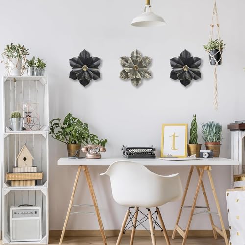 Metal Flower Wall Sculpture,12.5" Black Grey Rustic Modern Floral Artwork - color: 01C-Black