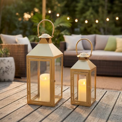JHY DESIGN Set of 2 Gold Decorative Candle Lanterns 17.5"&13.5" H Metal Hanging Candle Holders for Indoor Outdoor Home Decor Paritie Wedding Ramadan - color: 17.5"&13.5"h Gold