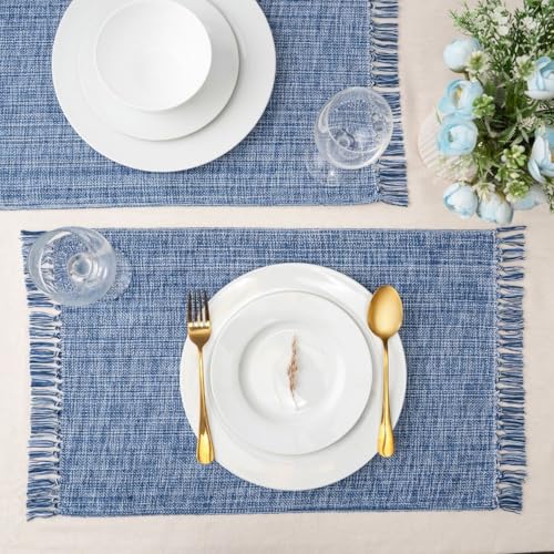 Cotton Placemats Set of 6-13x19 Inch, Woven Chambray Place Mats, Durable & Elegant for Dining Table, Wedding, Restaurant, Machine Washable, Oeko-TEX Certified - Blue - color: Blue - Chambrey