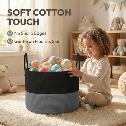 JMvicyroam 65L Extra Large Machine Washable Cotton Rope Blanket Basket - color: Black&Grey, size: 65L