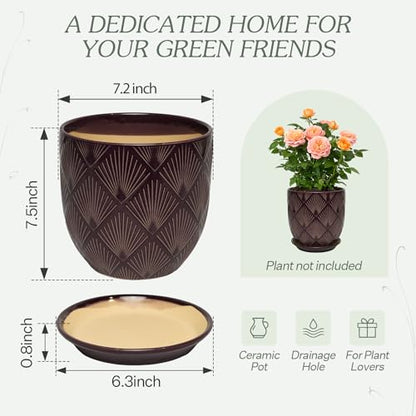 7.2 Inch Modern Ceramic Glaze Plant Pot with Drainage Hole,Mesh Net,Saucer,Indoor Outdoor Planter(Fan-Dark Purple) - color: Fan-dark Purple