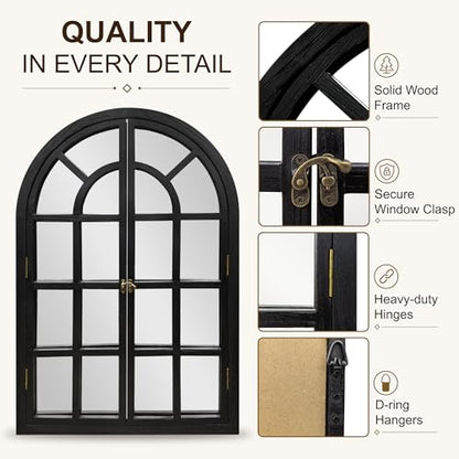 Arched Wood Mirror for Wall, 26" x 38" Rustic Farmhouse Mirror, Black - size: 38"L x 26"W