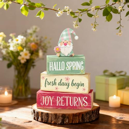Spring Decoration Wooden Tiered Tray Decor – Rustic Hallo Spring Stacked Block Sign with Spring Gnome Topper – Farmhouse Tabletop Spring Decor for Living Room Shelf Kitchen Seasonal Home Display - style: Gnome