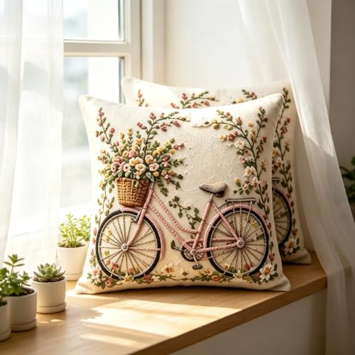 2D Flat Pink Bicycle Flower Basket Linen Throw Pillow Covers 18x18 Set of 2 - color: A20024, size: 18" x 18" (Pack of 2)