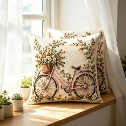 2D Flat Pink Bicycle Flower Basket Linen Throw Pillow Covers 18x18 Set of 2 - color: A20024, size: 18" x 18" (Pack of 2)