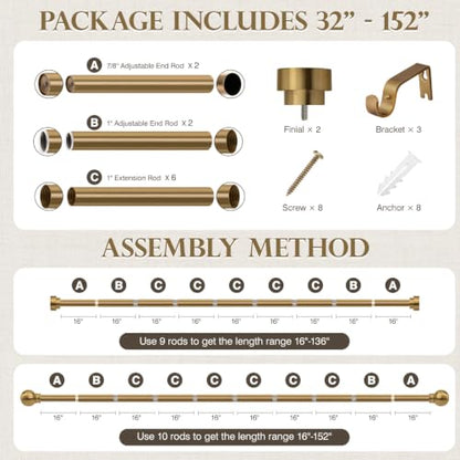 Brushed Brass Curtain Rods 32 to 152 Inch for Windows, 1 Inch Heavy Duty Adjustable Curtain Rod with Modern Solid Metal Finials, Antique Warm Gold Extra Long Drapery Rod for Living Room & Bedroom - size: 32"-152"