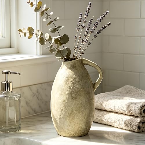 Rustic Ceramic Vase with Handle, 10.3 Inch, Farmhouse Decor, Beige - color: Beige