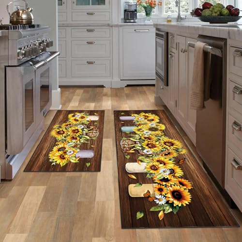 Sunflower Kitchen Decor Rug 2 Piece Set, Summer Country Farmhouse Style Kitchen Floor Mat, Absorbent and Washable Runner Decorations Rug 17×30+17×47 Inches - color: Sunflower