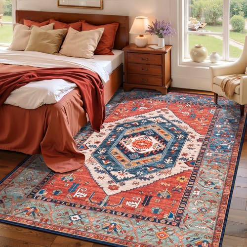 SERISSA 4x6 Washable Non Slip Boho Area Rug for Bedroom，Rust - color: Rust/Multi, size: 4' x 6' (Rectangular)