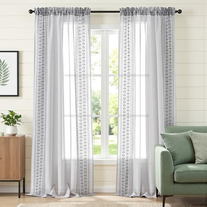 jinchan Floral Linen Sheer Boho Curtains 96 Inch Rod Pocket 2 Panels Gray - color: Boho Grey, size: 55"W x 96"L (Pack of 2)