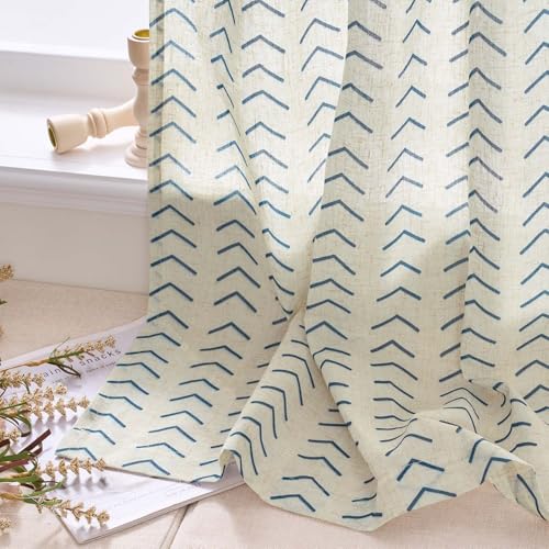 jinchan Blue Boho Linen Kitchen Tier Curtains 24 Inches Rod Pocket 2 Panels - color: Arrow | Blue on Linen, size: 26"W x 24"L (Pack of 2)